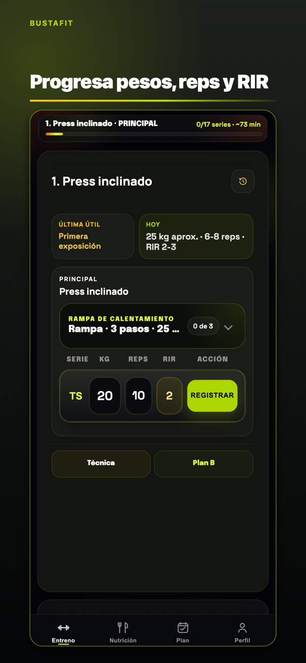 Registro de peso, repeticiones y RIR